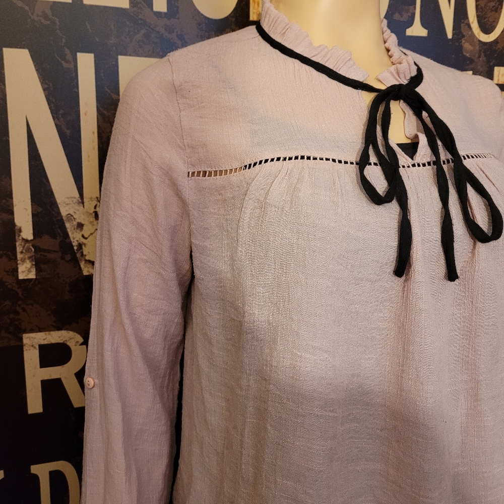 Zara Sheer Long Sleeve Peasant Blouse With Tie Front Detail & Cuffed Sleeves - Picture 3 of 5
